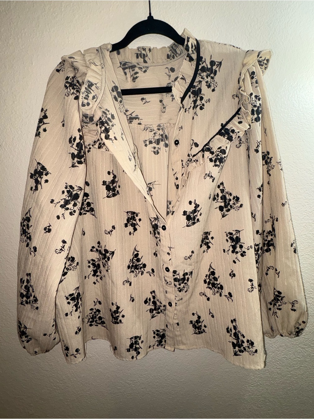 SHEIN Cream Blouse with Black Floral Print and Ruffle Trim